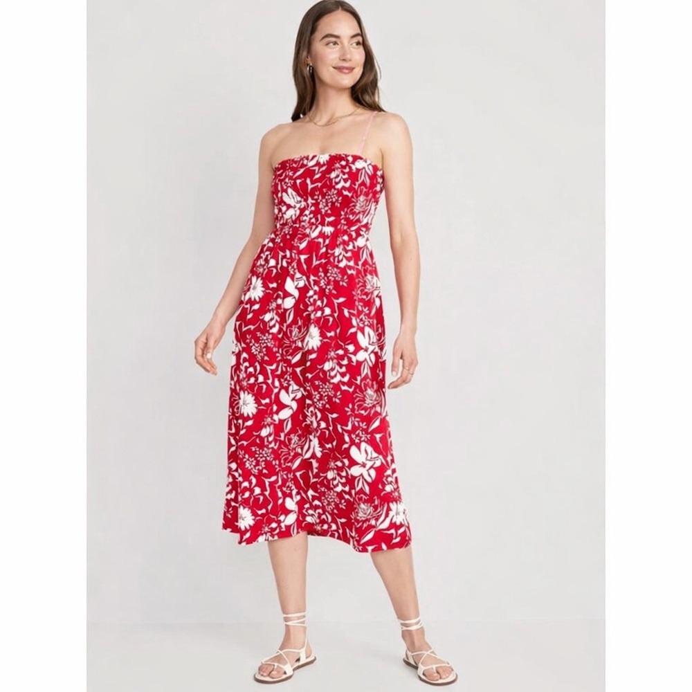 NWT Old Navy Women's Red Floral Smocked Strapless Maxi‎ Dress Size XL Flaw